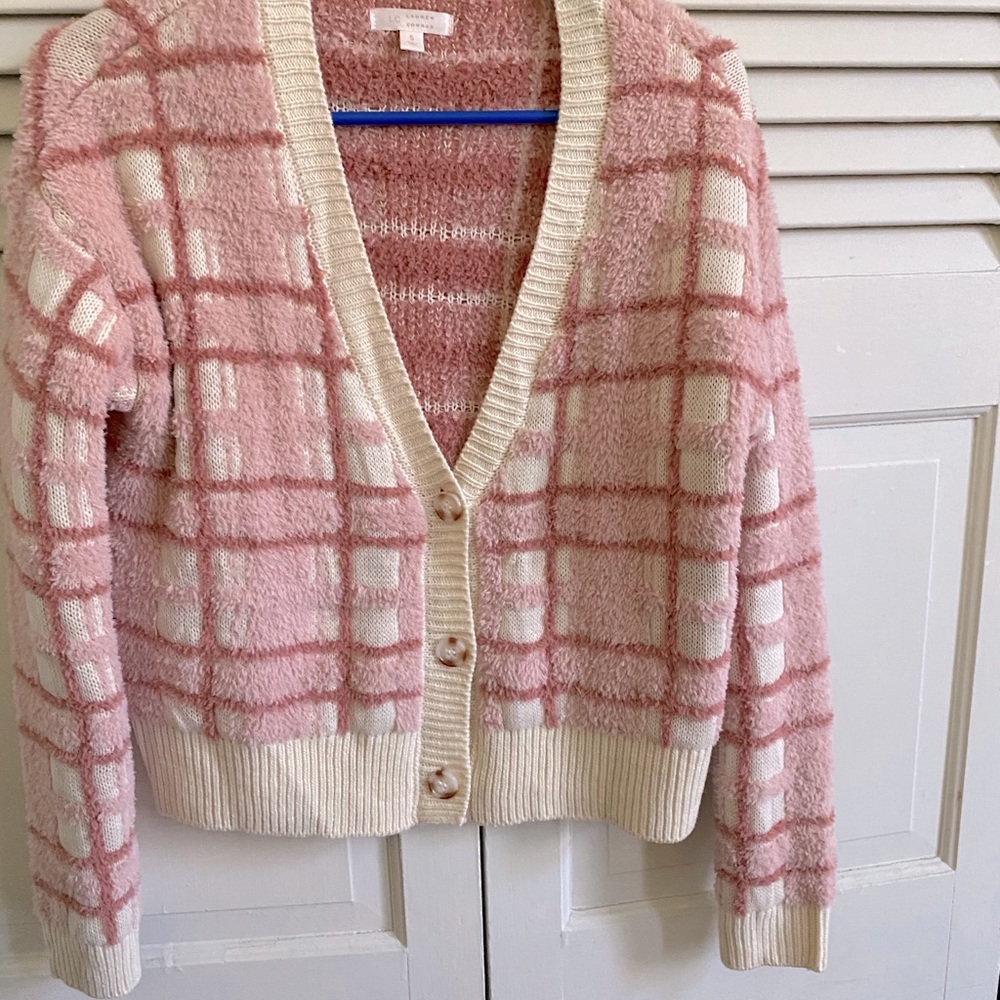 Lauren Conrad pink plaid fuzzy cardigan